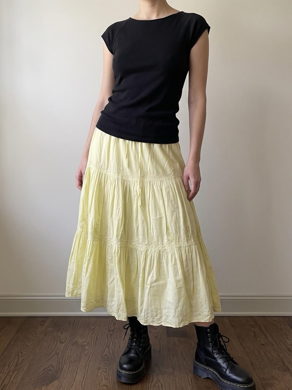 y2k fairy cottagecore boho yellow tiered embroidered cotton midi skirt size larg